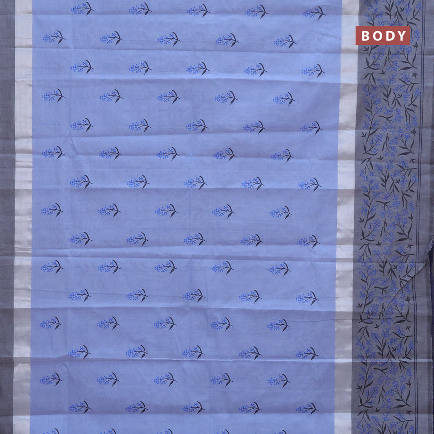 Chirala cotton saree blue shade and elephant grey with butta prints and silver zari woven printed border