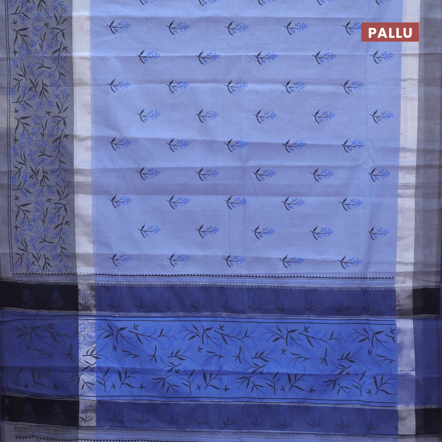 Chirala cotton saree blue shade and elephant grey with butta prints and silver zari woven printed border