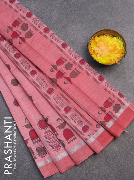 Chirala cotton saree peach pink shade with butta prints and silver zari woven simple border