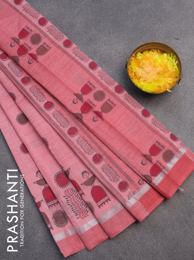 Chirala cotton saree peach pink shade with butta prints and silver zari woven simple border