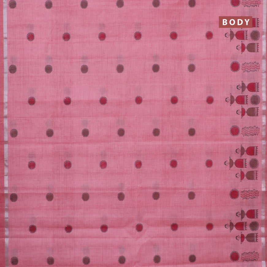 Chirala cotton saree peach pink shade with butta prints and silver zari woven simple border