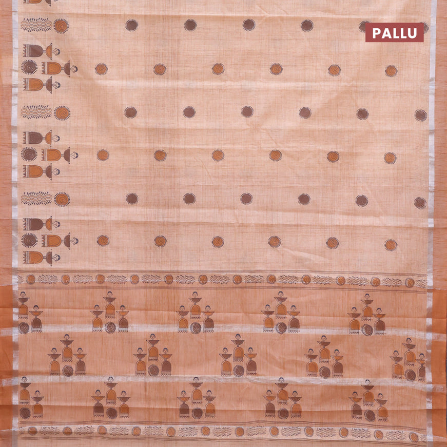 Chirala cotton saree peach shade with butta prints and silver zari woven simple border