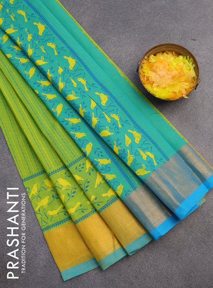 Chirala cotton saree light green and cs blue with allover prints and zari woven border