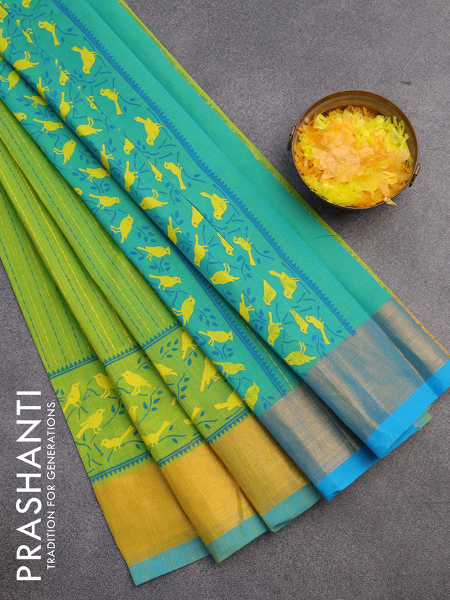 Chirala cotton saree light green and cs blue with allover prints and zari woven border