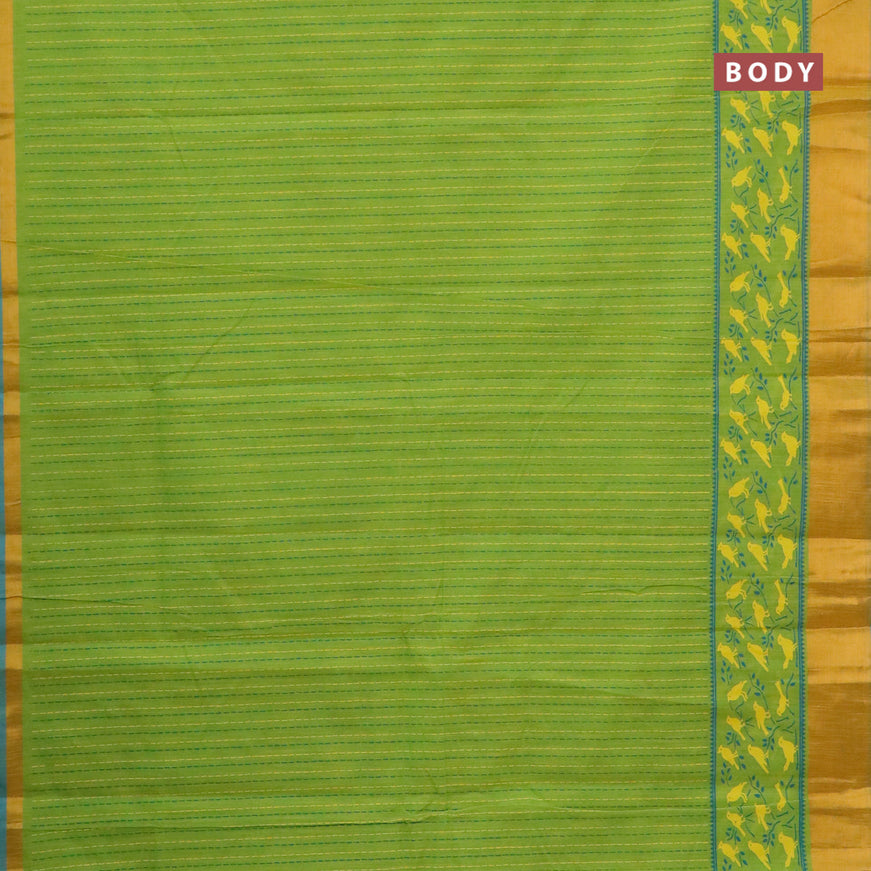 Chirala cotton saree light green and cs blue with allover prints and zari woven border