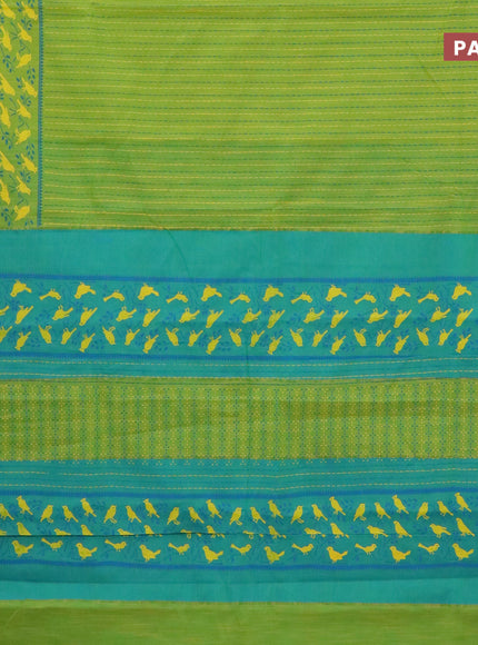 Chirala cotton saree light green and cs blue with allover prints and zari woven border