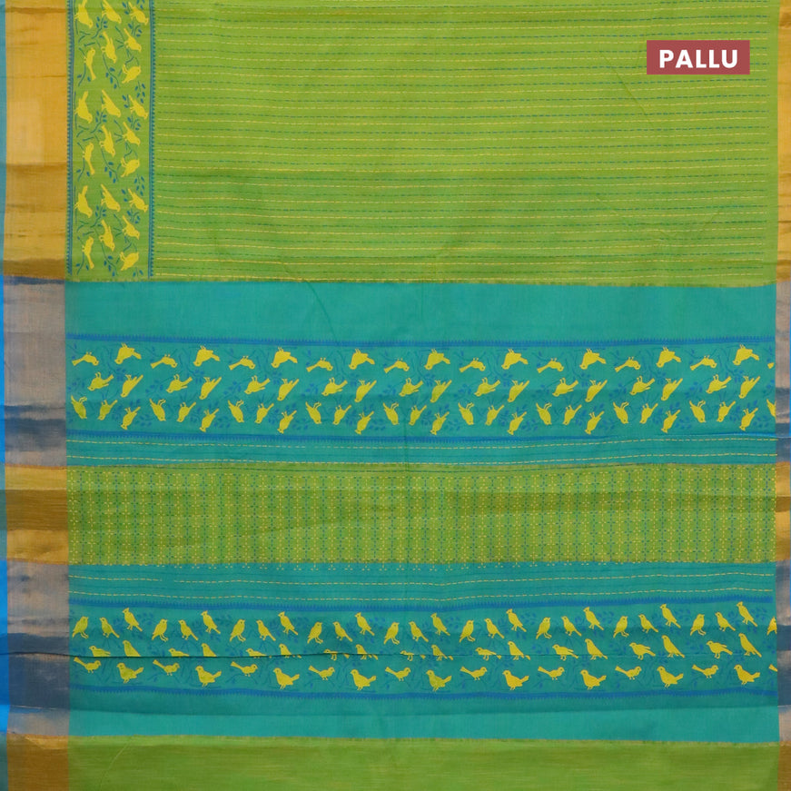 Chirala cotton saree light green and cs blue with allover prints and zari woven border