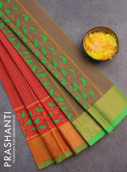 Chirala cotton saree red and green with allover prints and zari woven border