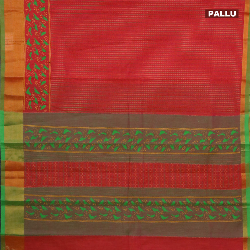 Chirala cotton saree red and green with allover prints and zari woven border