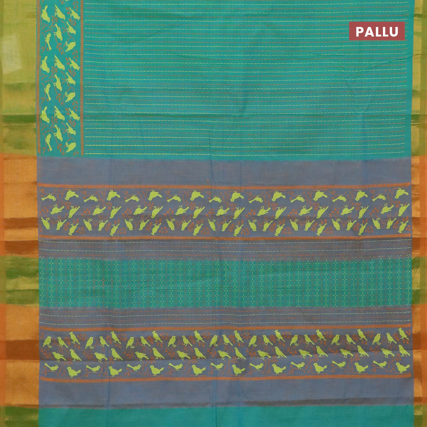 Chirala cotton saree teal green and mustard shade with allover prints and zari woven border