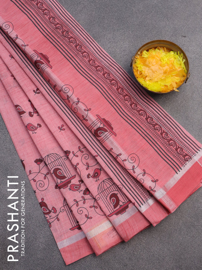 Chirala cotton saree peach pink with butta prints and silver zari woven simple border