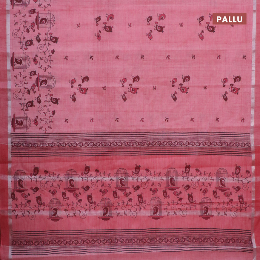 Chirala cotton saree peach pink with butta prints and silver zari woven simple border