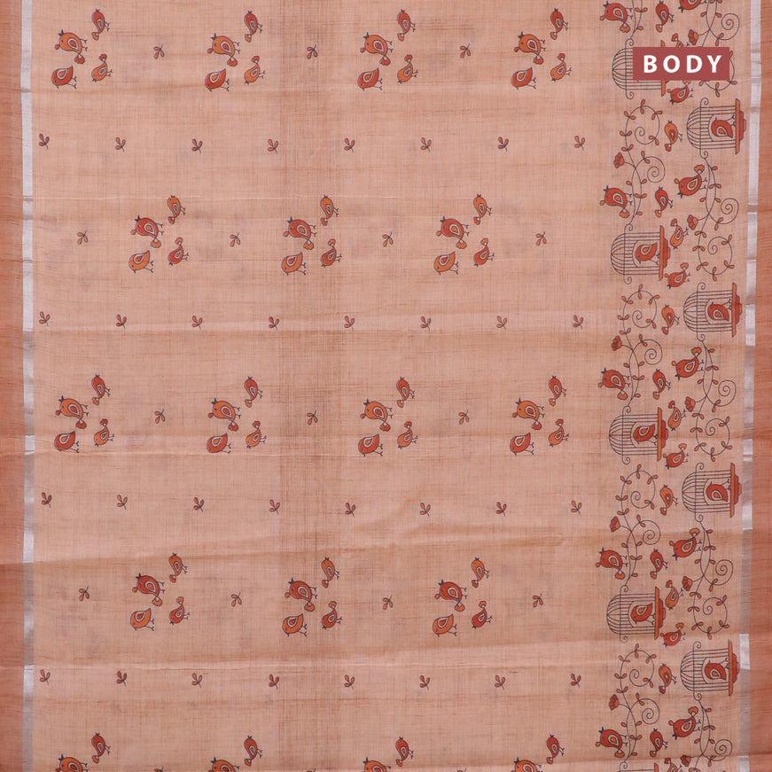 Chirala cotton saree peach shade with butta prints and silver zari woven simple border