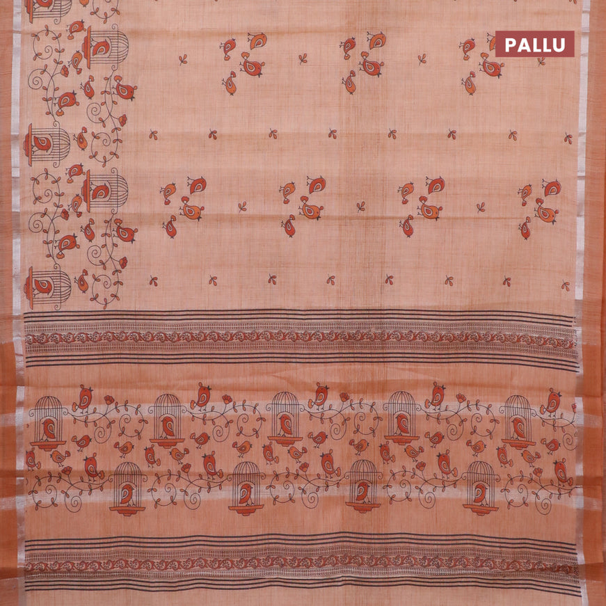 Chirala cotton saree peach shade with butta prints and silver zari woven simple border