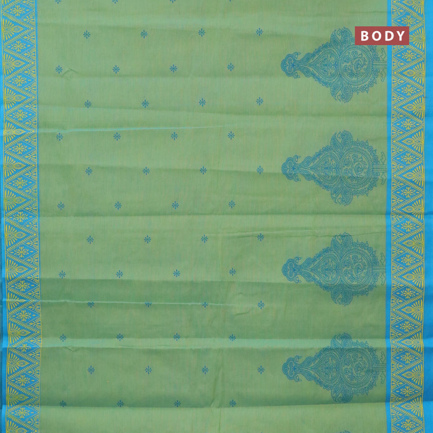 Chirala cotton saree light green and light blue with butta prints and printed border