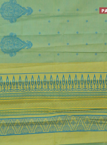 Chirala cotton saree light green and light blue with butta prints and printed border