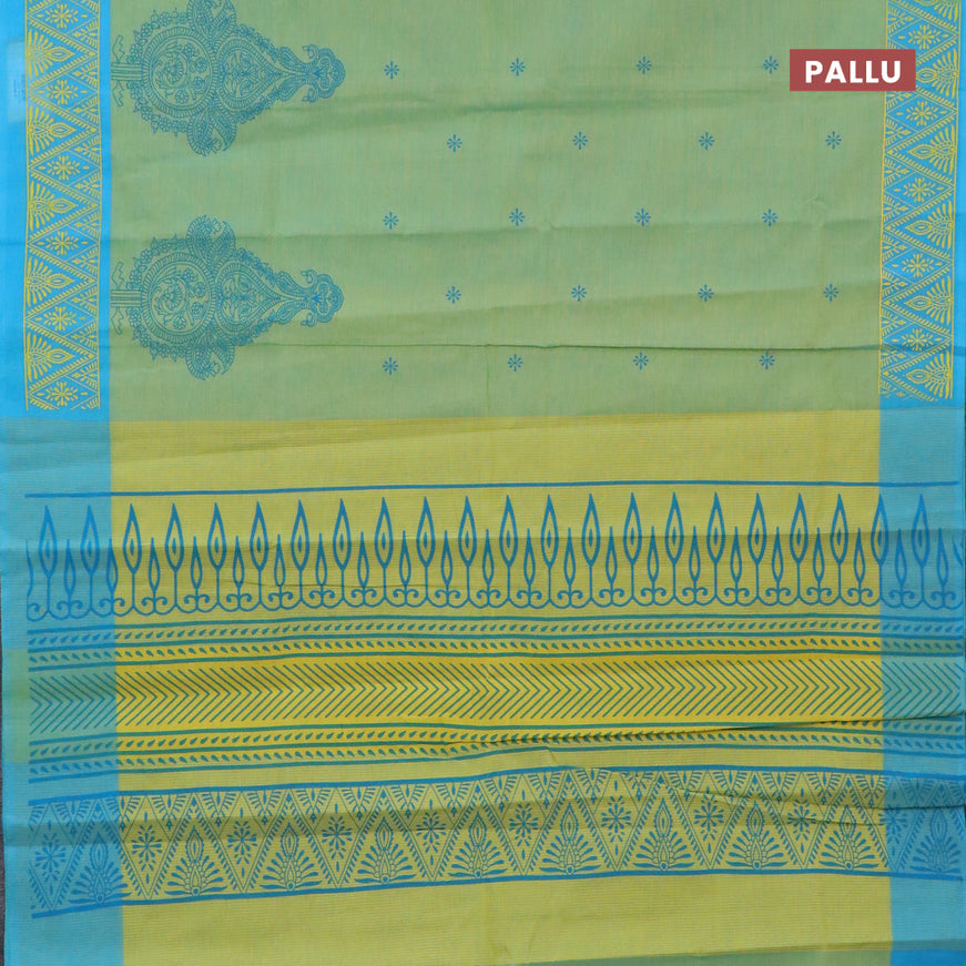 Chirala cotton saree light green and light blue with butta prints and printed border