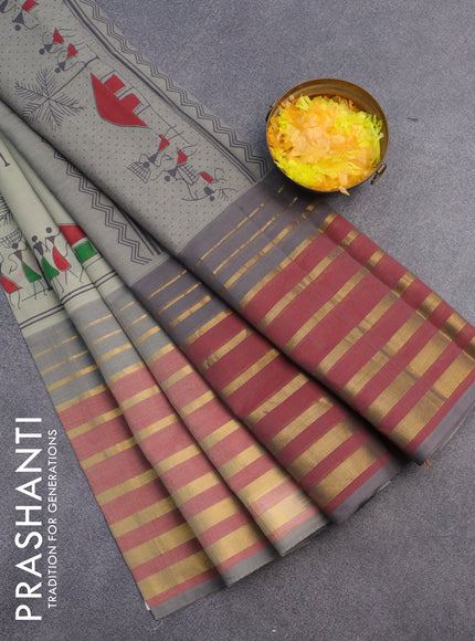 Chirala cotton saree grey shade and red with butta prints and long zari woven border