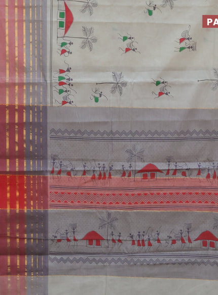 Chirala cotton saree grey shade and red with butta prints and long zari woven border