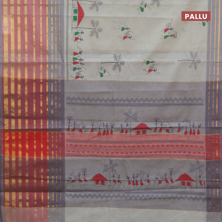 Chirala cotton saree grey shade and red with butta prints and long zari woven border