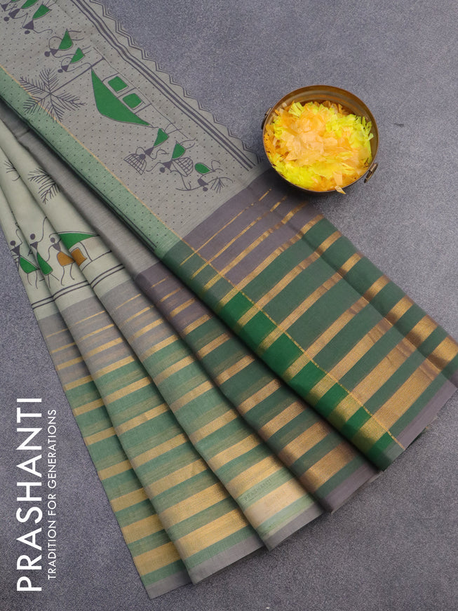 Chirala cotton saree beige and green with butta prints and long zari woven border