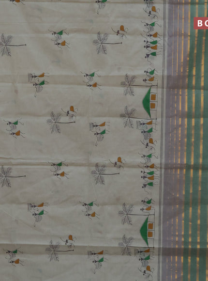 Chirala cotton saree beige and green with butta prints and long zari woven border