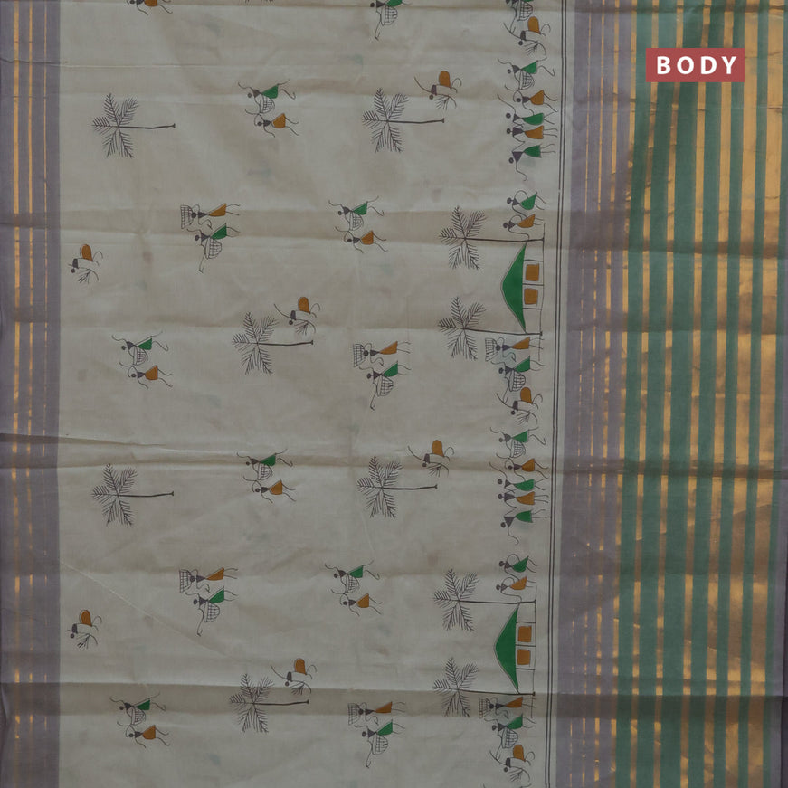 Chirala cotton saree beige and green with butta prints and long zari woven border