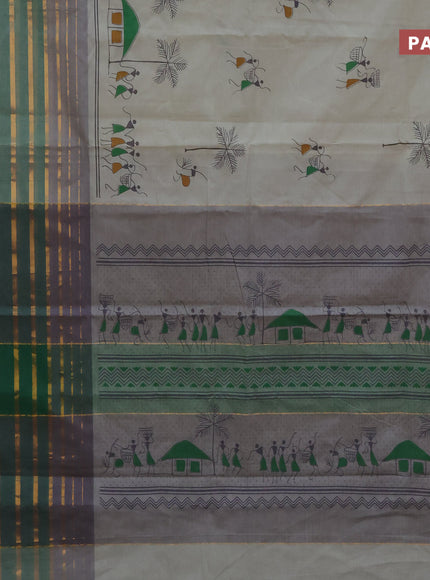 Chirala cotton saree beige and green with butta prints and long zari woven border