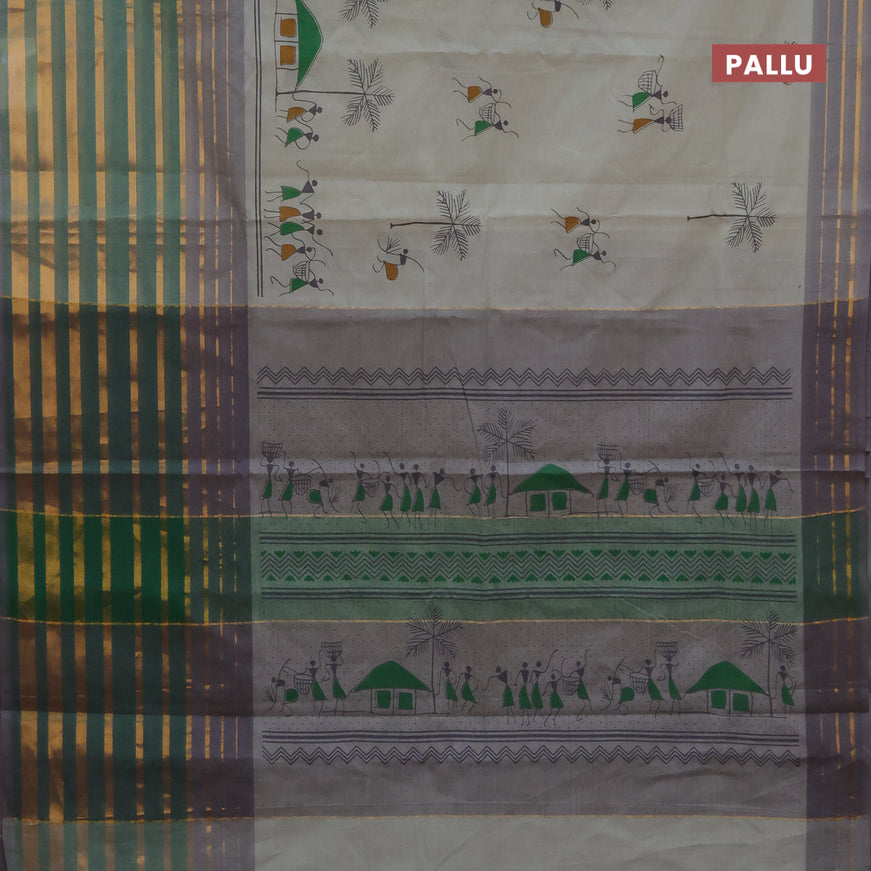 Chirala cotton saree beige and green with butta prints and long zari woven border