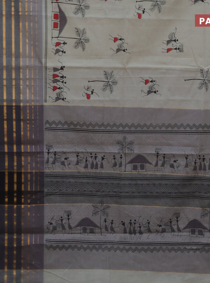 Chirala cotton saree beige and grey with butta prints and long zari woven border