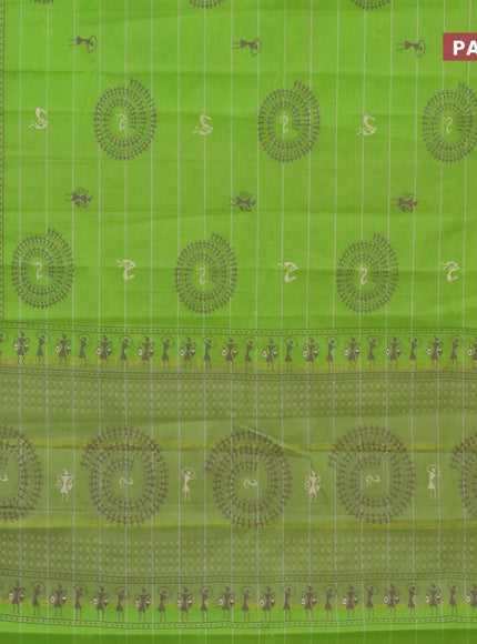 Chirala cotton saree light green and beige with warli butta prints and small zari woven border