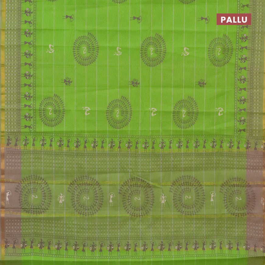 Chirala cotton saree light green and beige with warli butta prints and small zari woven border