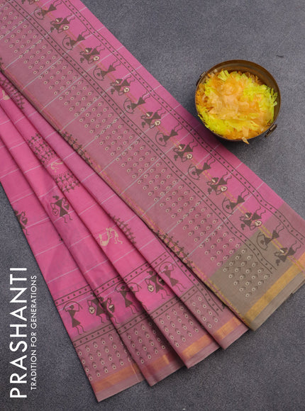 Chirala cotton saree light pink and beige with warli butta prints and small zari woven border