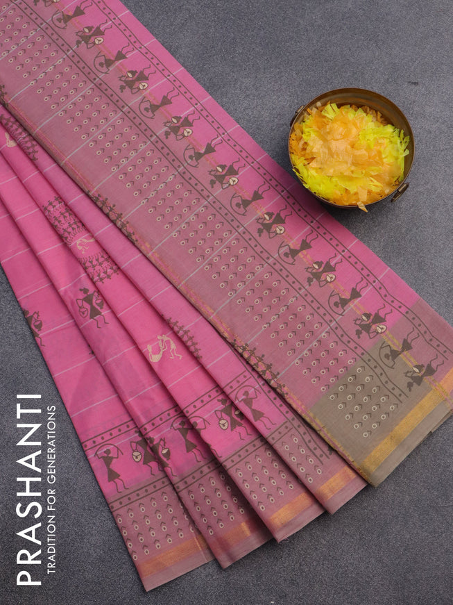 Chirala cotton saree light pink and beige with warli butta prints and small zari woven border