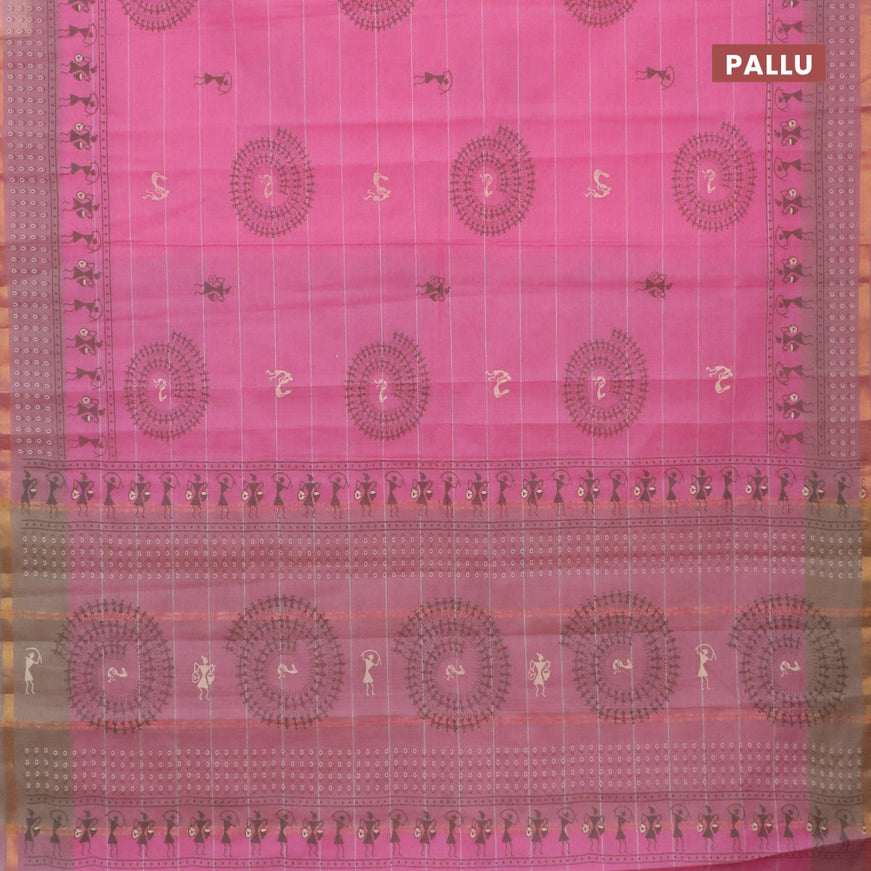 Chirala cotton saree light pink and beige with warli butta prints and small zari woven border