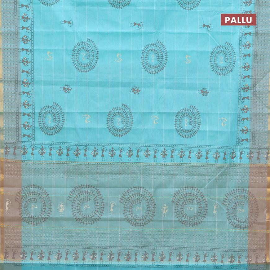 Chirala cotton saree teal blue and beige with warli butta prints and small zari woven border