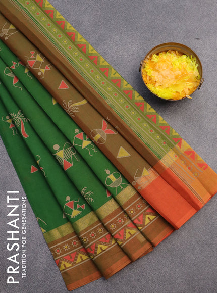 Chirala cotton saree green and rustic orange with warli butta prints and ganga jamuna border