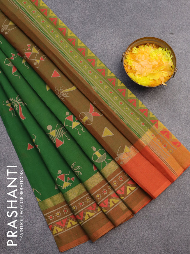 Chirala cotton saree green and rustic orange with warli butta prints and ganga jamuna border