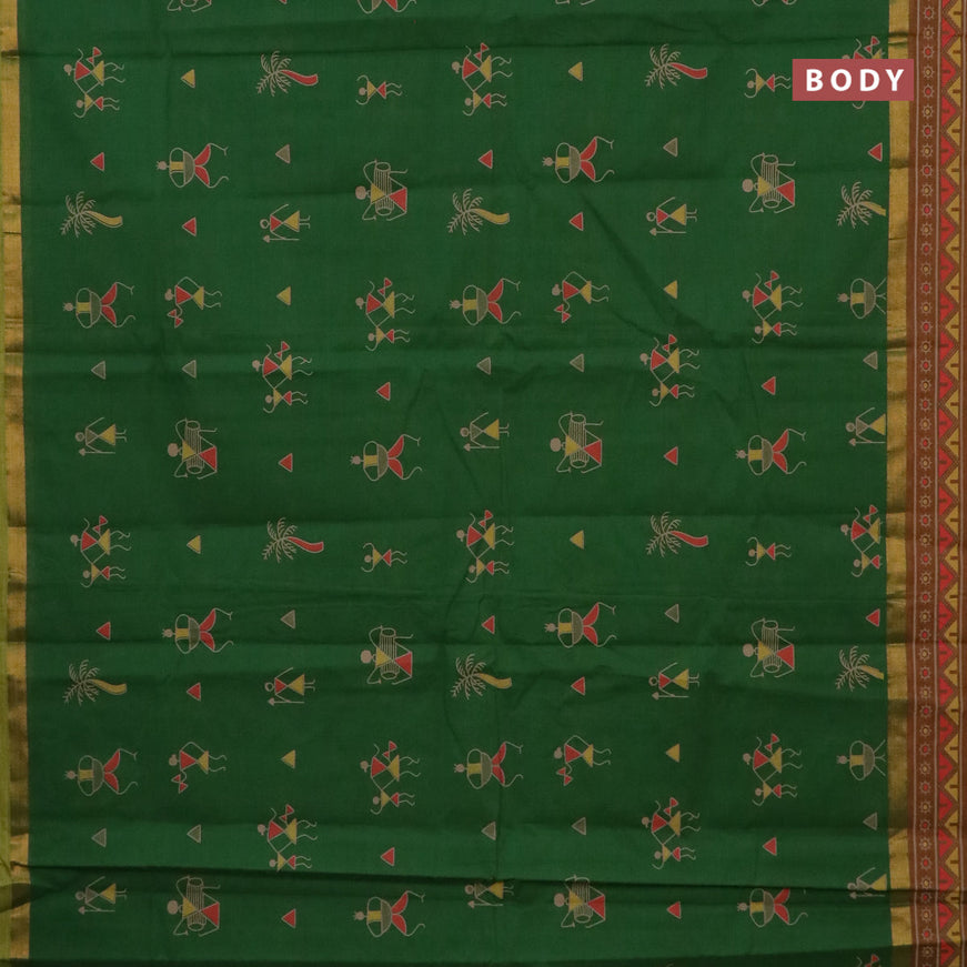 Chirala cotton saree green and rustic orange with warli butta prints and ganga jamuna border