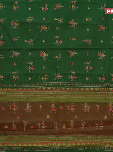 Chirala cotton saree green and rustic orange with warli butta prints and ganga jamuna border