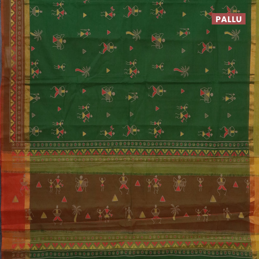 Chirala cotton saree green and rustic orange with warli butta prints and ganga jamuna border