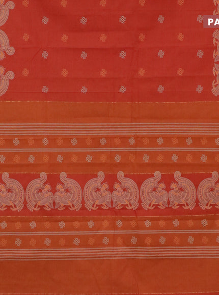 Chirala cotton saree rustic orange and mustard shade with butta prints and zari woven simple border