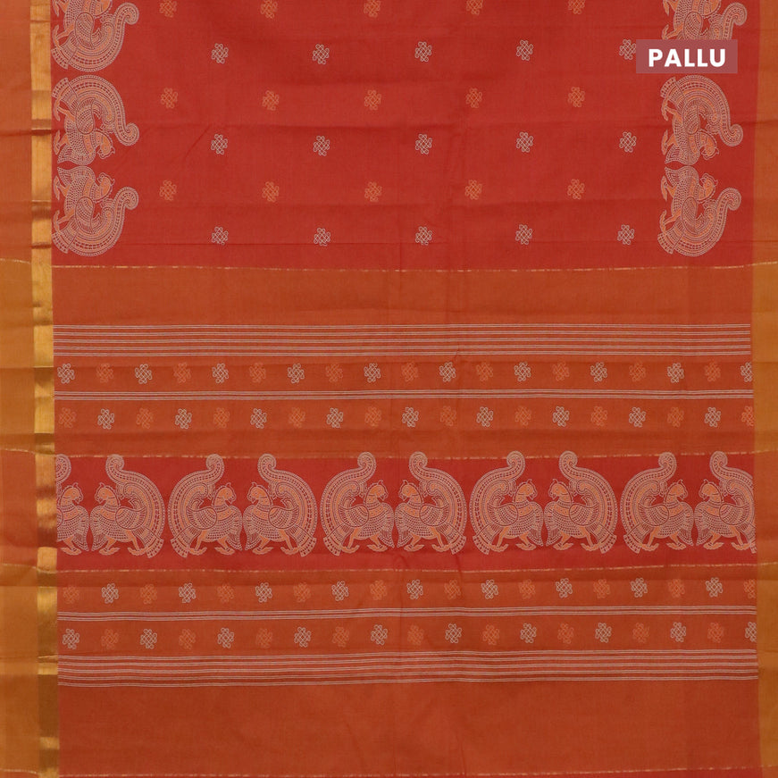 Chirala cotton saree rustic orange and mustard shade with butta prints and zari woven simple border