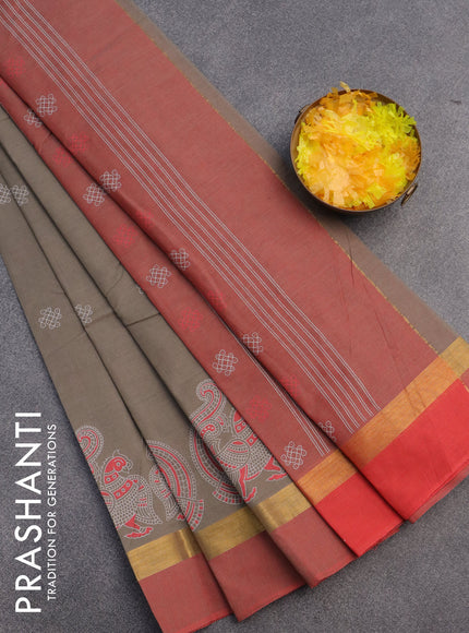 Chirala cotton saree grey and red with butta prints and zari woven simple border