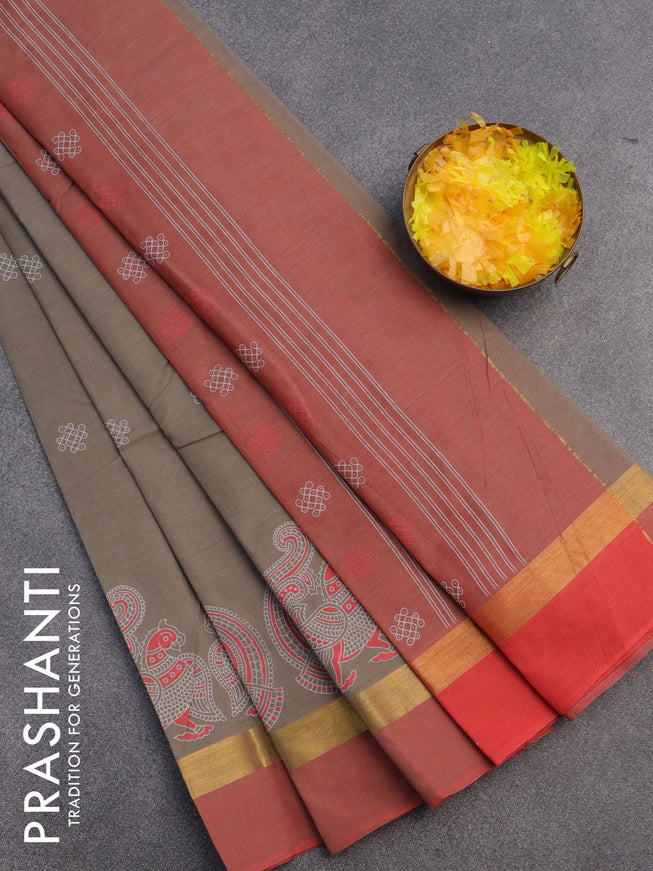 Chirala cotton saree grey and red with butta prints and zari woven simple border