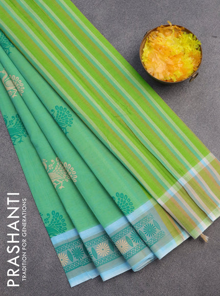 Chirala cotton saree dual shade of green and blue with annam butta prints and printed border