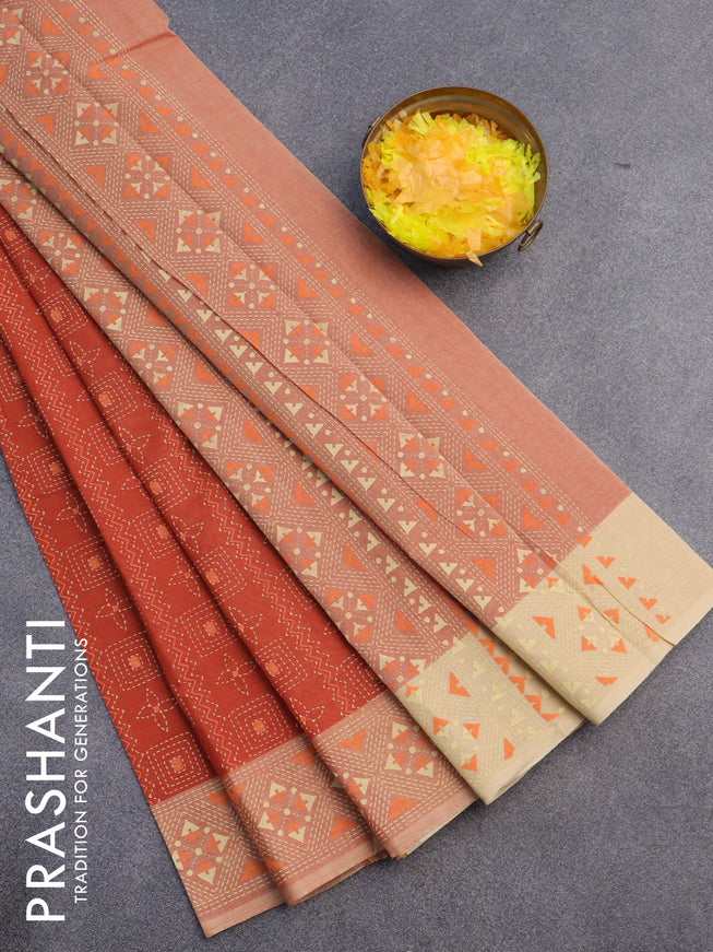 Chirala cotton saree rustic orange and sandal with allover prints and printed border