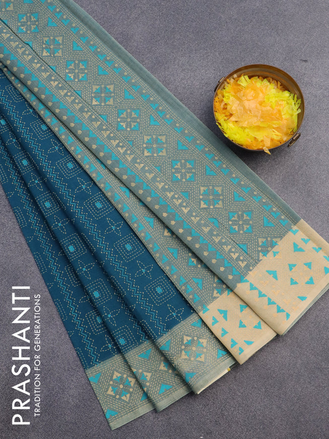 Chirala cotton saree peacock blue and sandal with allover prints and printed border