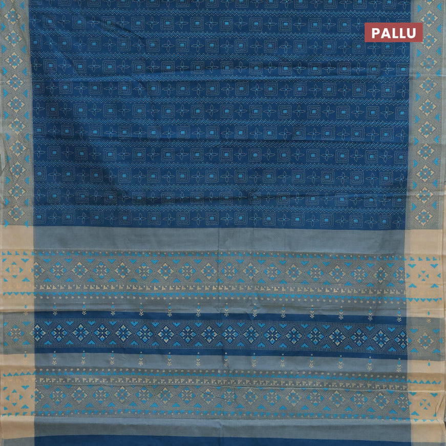 Chirala cotton saree peacock blue and sandal with allover prints and printed border