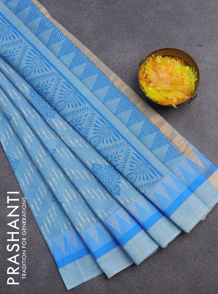 Chirala cotton saree light blue with allover prints and temple design thread woven border